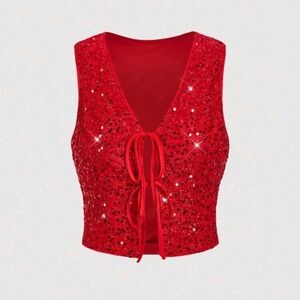 Red Beaded Slim Fit Women's Vest Jacket